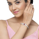 Rhodium-Plated Silver Toned Square Shaped Ruby Red American Diamond Studded Bracelet