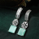 Rhodium Plated Square Sea Green American Diamond Contemporary Long Drop Earrings
