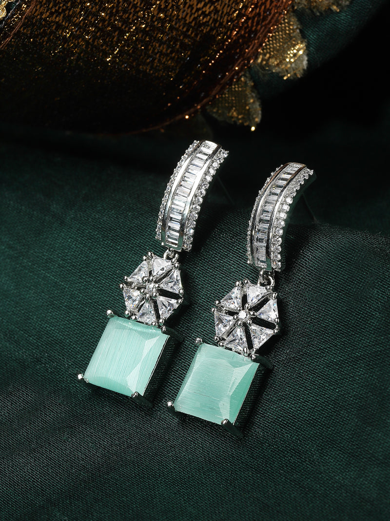 Rhodium-Plated Sea Green American Diamond studded Square & Floral Shaped Drop Earrings