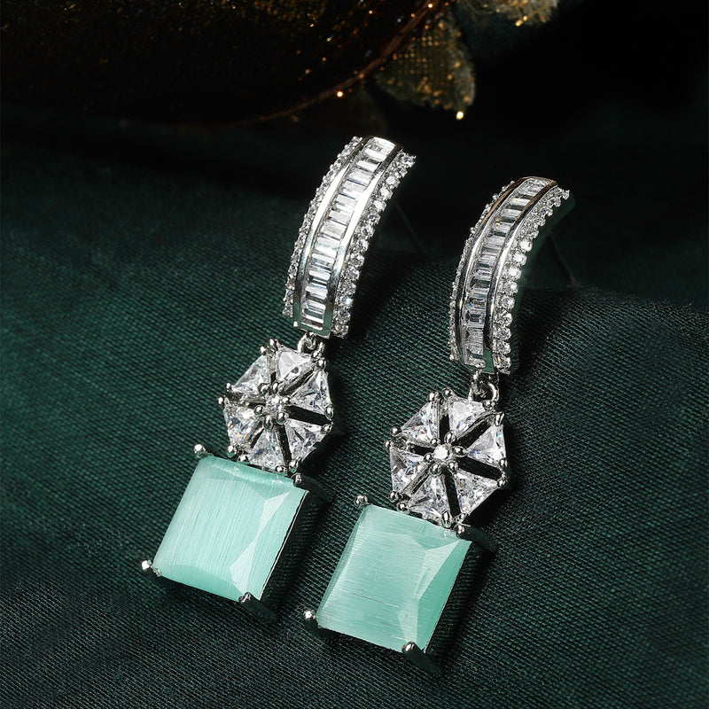 Rhodium-Plated Sea Green American Diamond studded Square & Floral Shaped Drop Earrings