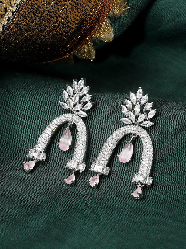 Rhodium-Plated Pink American Diamond studded Quirky Handcrafted Drop Earrings