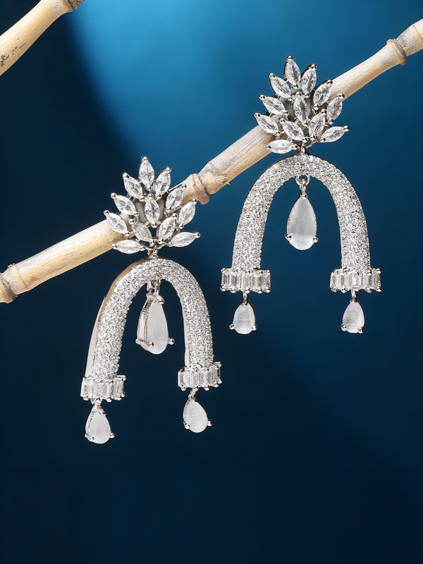 Rhodium-Plated Grey American Diamond studded Quirky Handcrafted Drop Earrings