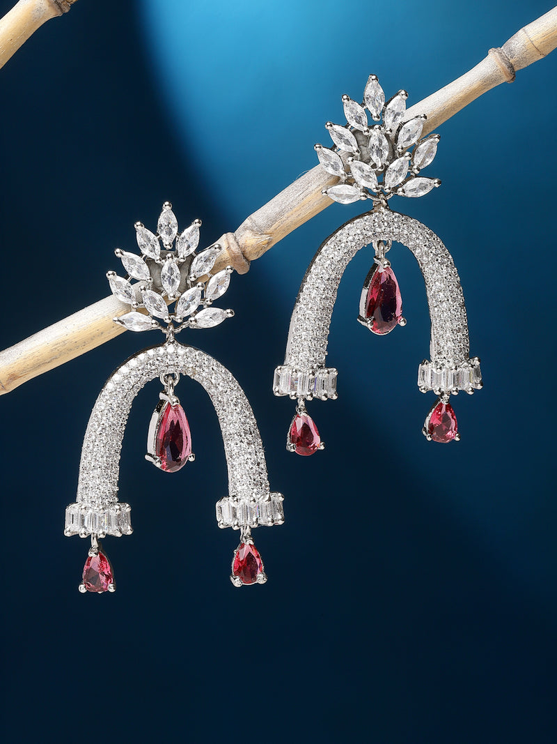 Rhodium-Plated Red American Diamond studded Quirky Handcrafted Drop Earrings