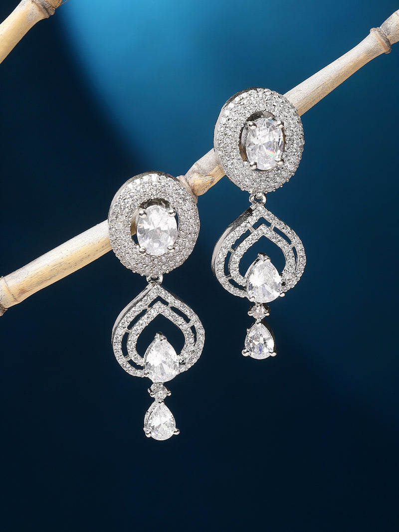 Rhodium-Plated White American Diamond studded Handcrafted Oval & Teardrop Shaped Drop Earrings