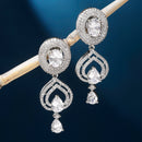 Rhodium Plated Oval & Teardrop White American Diamond Contemporary Long Drop Earrings