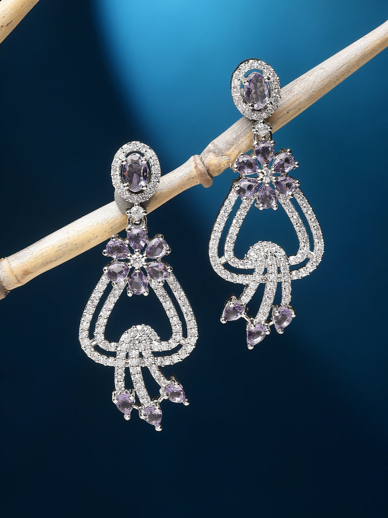 Rhodium-Plated Purple & White American Diamond studded Floral Shaped Drop Earrings