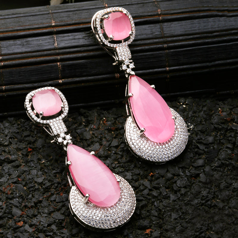 Rhodium-Plated Pink & White American Diamond studded Teardrop Drop Earrings