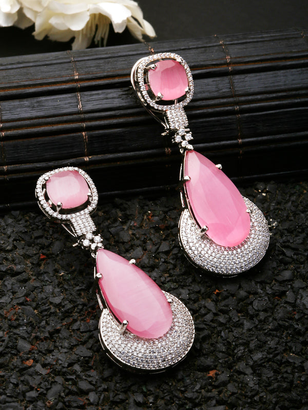 Rhodium-Plated Pink & White American Diamond studded Teardrop Drop Earrings