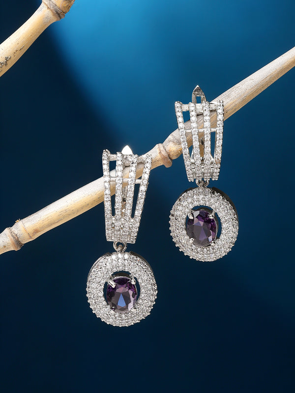 Rhodium-Plated Purple American Diamond studded Handcrafted Oval Shaped Drop Earrings