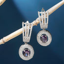 Rhodium Plated Oval Purple American Diamond Contemporary Long Drop Earrings