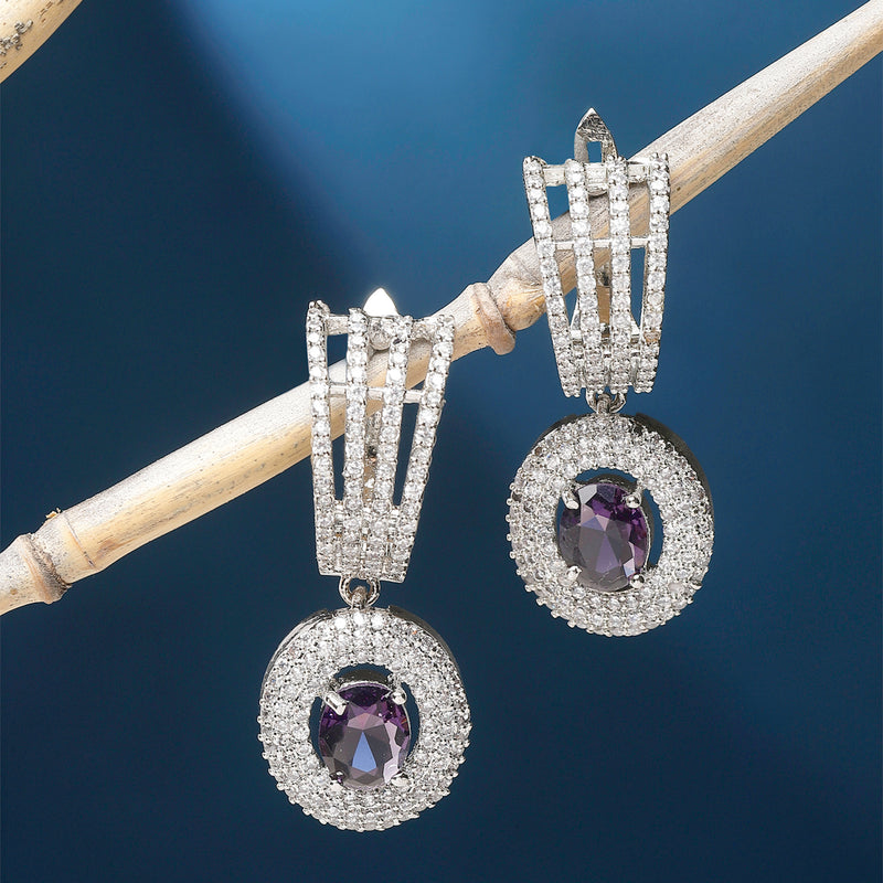 Rhodium-Plated Purple American Diamond studded Handcrafted Oval Shaped Drop Earrings