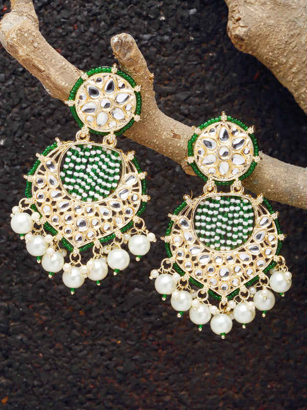 Gold-Plated Green Beads White Pearls & Kundan studded Handcrafted Crescent Shaped Drop Earrings