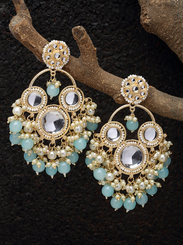 Gold-Plated Kundan & Sky Blue Pearls studded Floral Shaped Tasselled Drop Earrings