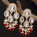 Gold-Plated Kundan & Red Pearls studded Teardrop Shaped Mirror Drop Earrings