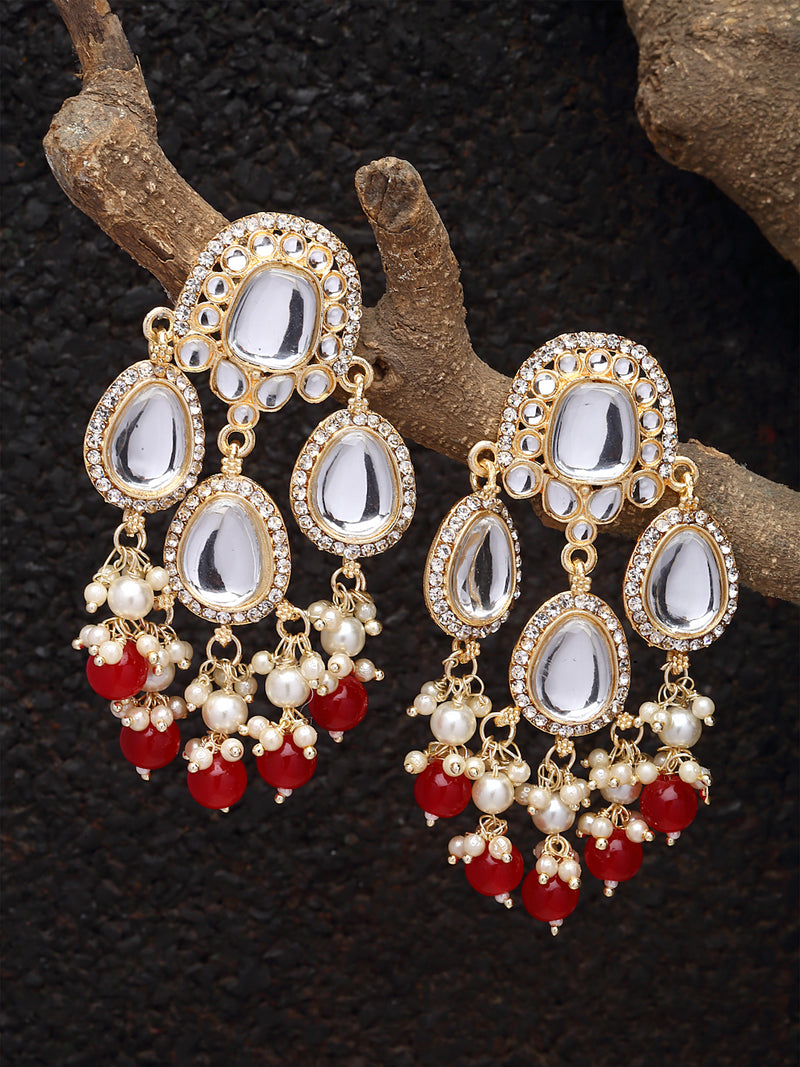 Gold-Plated Kundan & Red Pearls studded Teardrop Shaped Mirror Drop Earrings