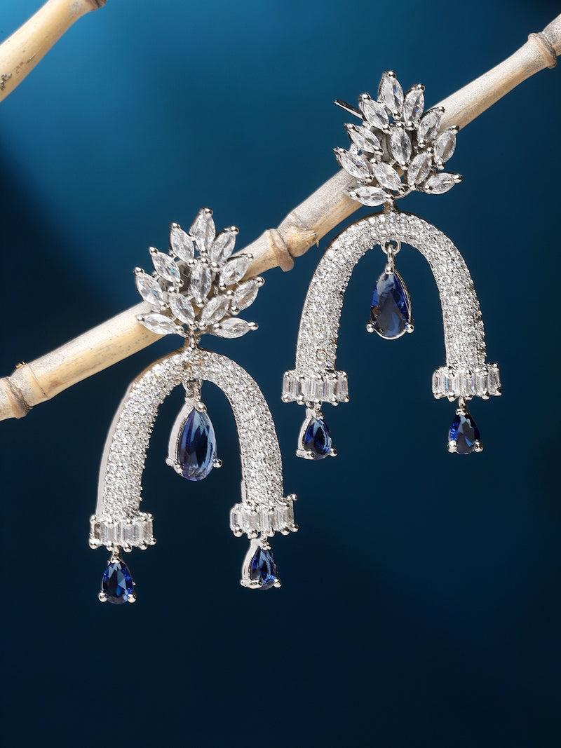 Rhodium-Plated Navy Blue American Diamond studded Quirky Handcrafted Drop Earrings