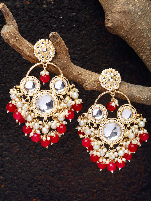 Gold-Plated Kundan & Red Pearls studded Floral Shaped Tasselled Drop Earrings