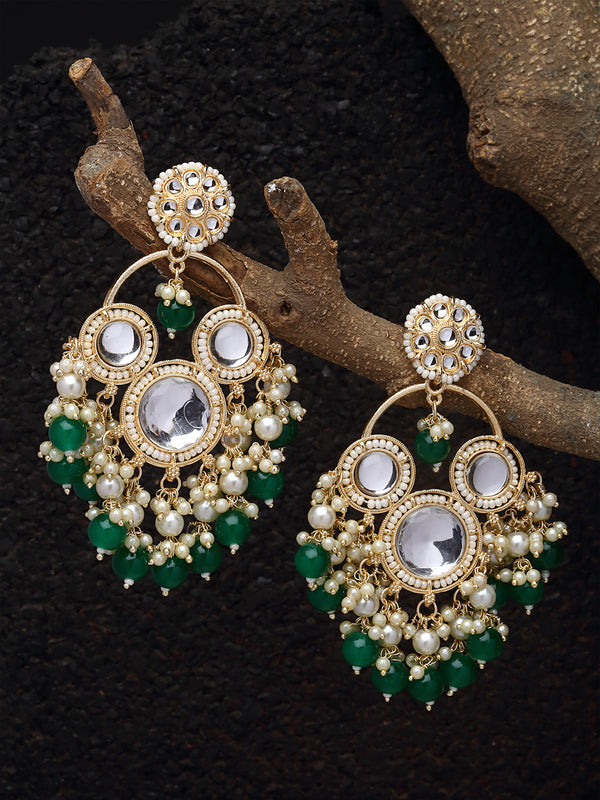 Gold-Plated Kundan & Green Pearls studded Floral Shaped Tasselled Drop Earrings