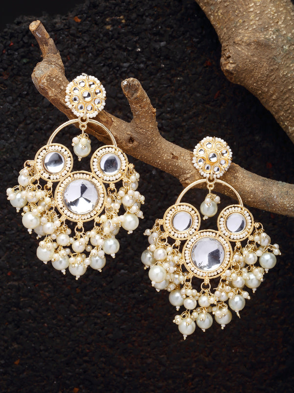 Gold-Plated Kundan & White Pearls studded Floral Shaped Tasselled Drop Earrings