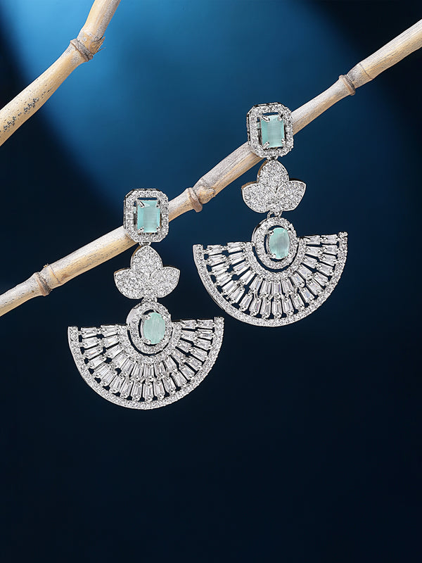 Rhodium-Plated Sea Green & White American Diamond studded Leaf Shaped Drop Earrings