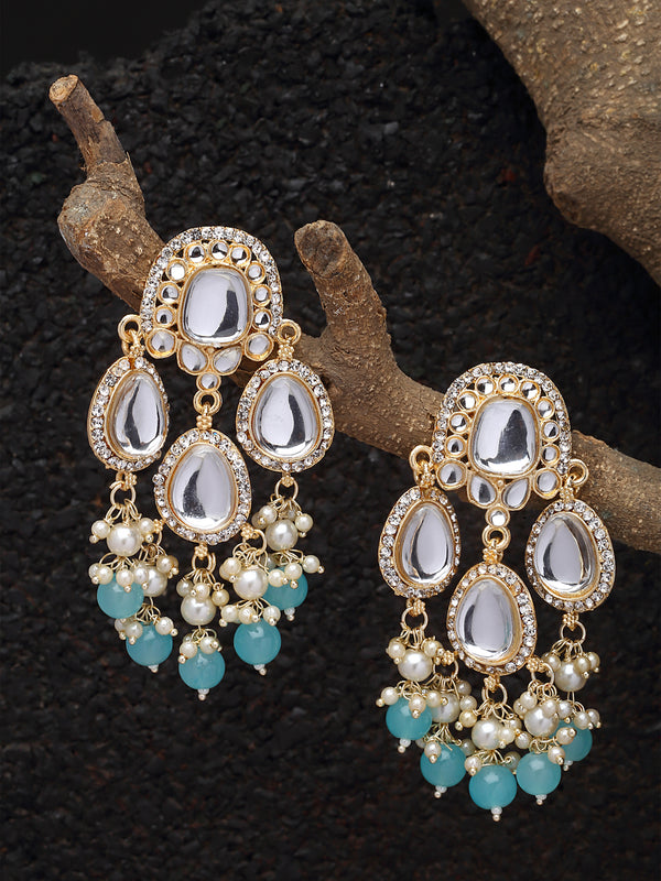 Gold-Plated Kundan & Sky Blue Pearls studded Teardrop Shaped Mirror Drop Earrings