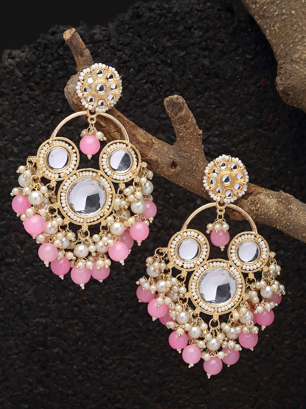 Gold-Plated Kundan & Pink Pearls studded Floral Shaped Tasselled Drop Earrings