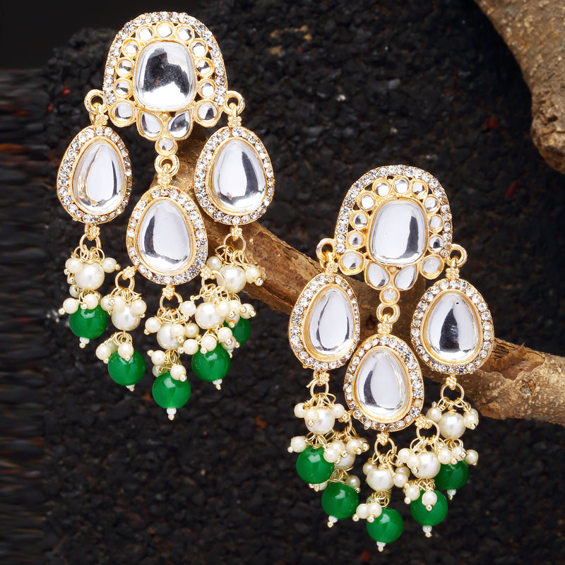 Gold-Plated Kundan & Green Pearls studded Teardrop Shaped Mirror Drop Earrings