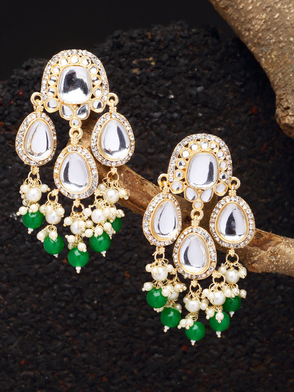 Gold-Plated Kundan & Green Pearls studded Teardrop Shaped Mirror Drop Earrings