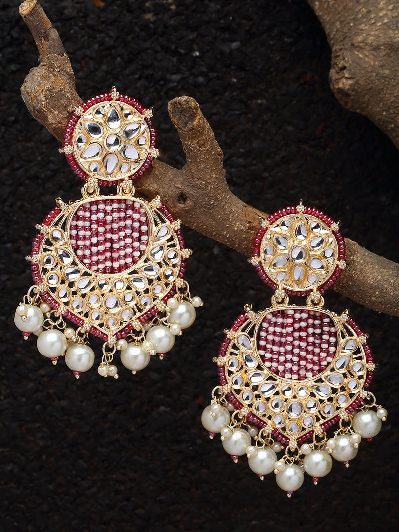 Gold-Plated Red Beads White Pearls & Kundan studded Handcrafted Crescent Shaped Drop Earrings