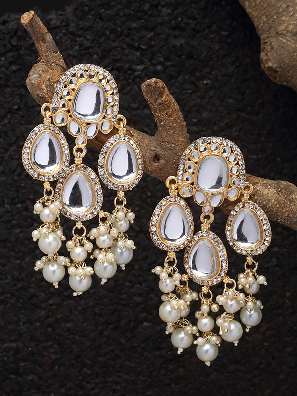 Gold-Plated Kundan & White Pearls studded Teardrop Shaped Mirror Drop Earrings