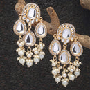 Gold-Plated Kundan & White Pearls studded Teardrop Shaped Mirror Drop Earrings