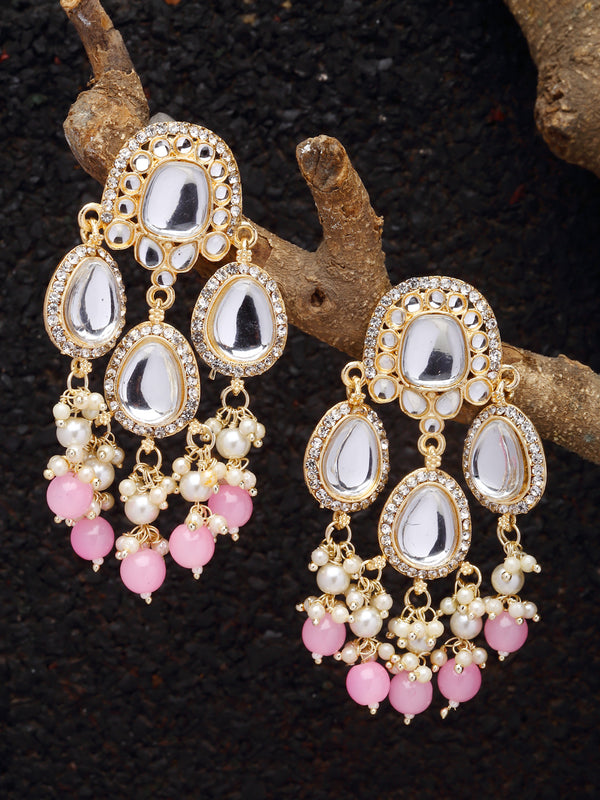 Gold-Plated Kundan & Pink Pearls studded Teardrop Shaped Mirror Drop Earrings