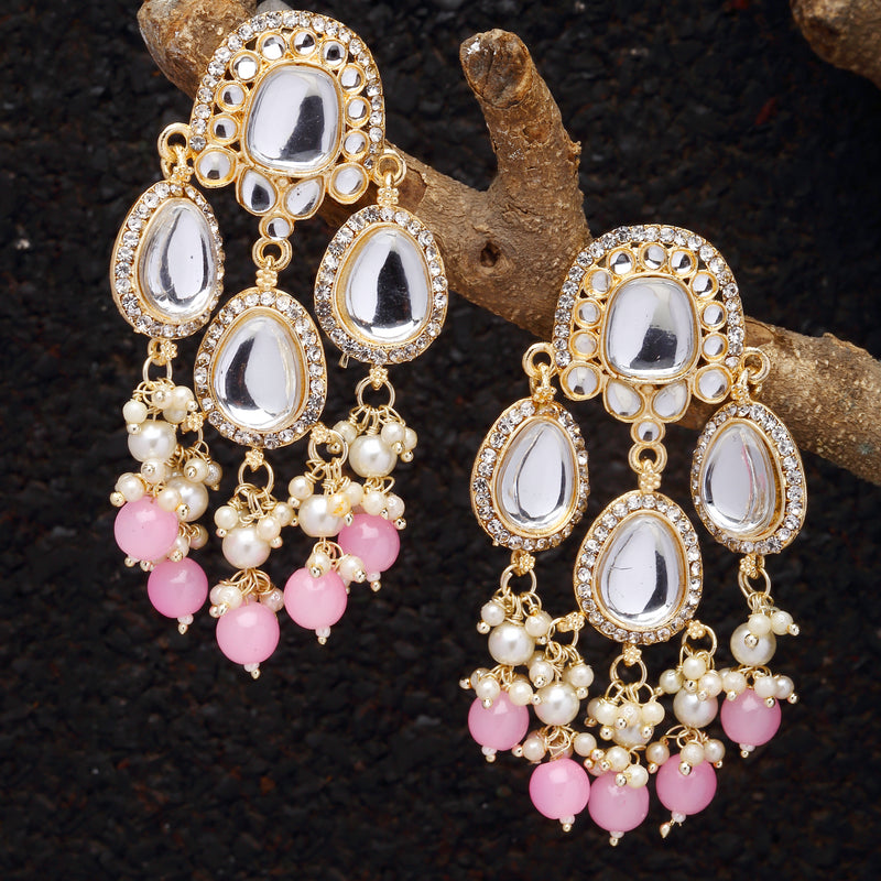 Gold-Plated Kundan & Pink Pearls studded Teardrop Shaped Mirror Drop Earrings
