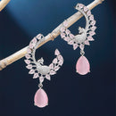 Rhodium Plated Peacock Feather Pink American Diamond Contemporary Long Drop Earrings