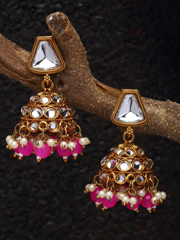 Gold-Plated Kundan & Pink Pearls studded Dome Shaped Mirror Jhumka Earrings