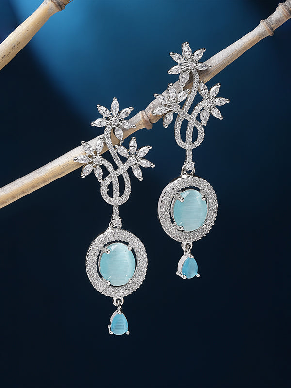 Rhodium-Plated Sky Blue American Diamond studded Contemporary Drop Earrings