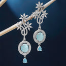 Rhodium-Plated Sky Blue American Diamond studded Contemporary Drop Earrings