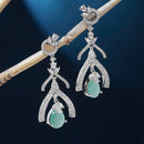 Rhodium-Plated Sea Green American Diamond studded Teardrop & Quirky Shaped Drop Earrings