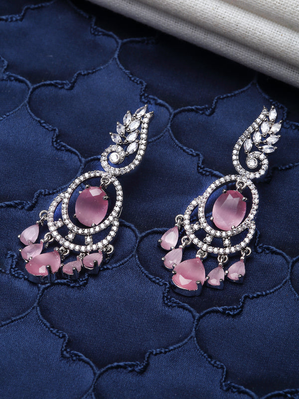 Rhodium-Plated Pink & White American Diamond studded Oval & Leaf Shaped Drop Earrings
