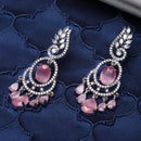 Rhodium-Plated Pink & White American Diamond studded Oval & Leaf Shaped Drop Earrings