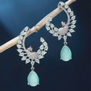 Rhodium Plated Peacock Feather Sea Green American Diamond Contemporary Long Drop Earrings