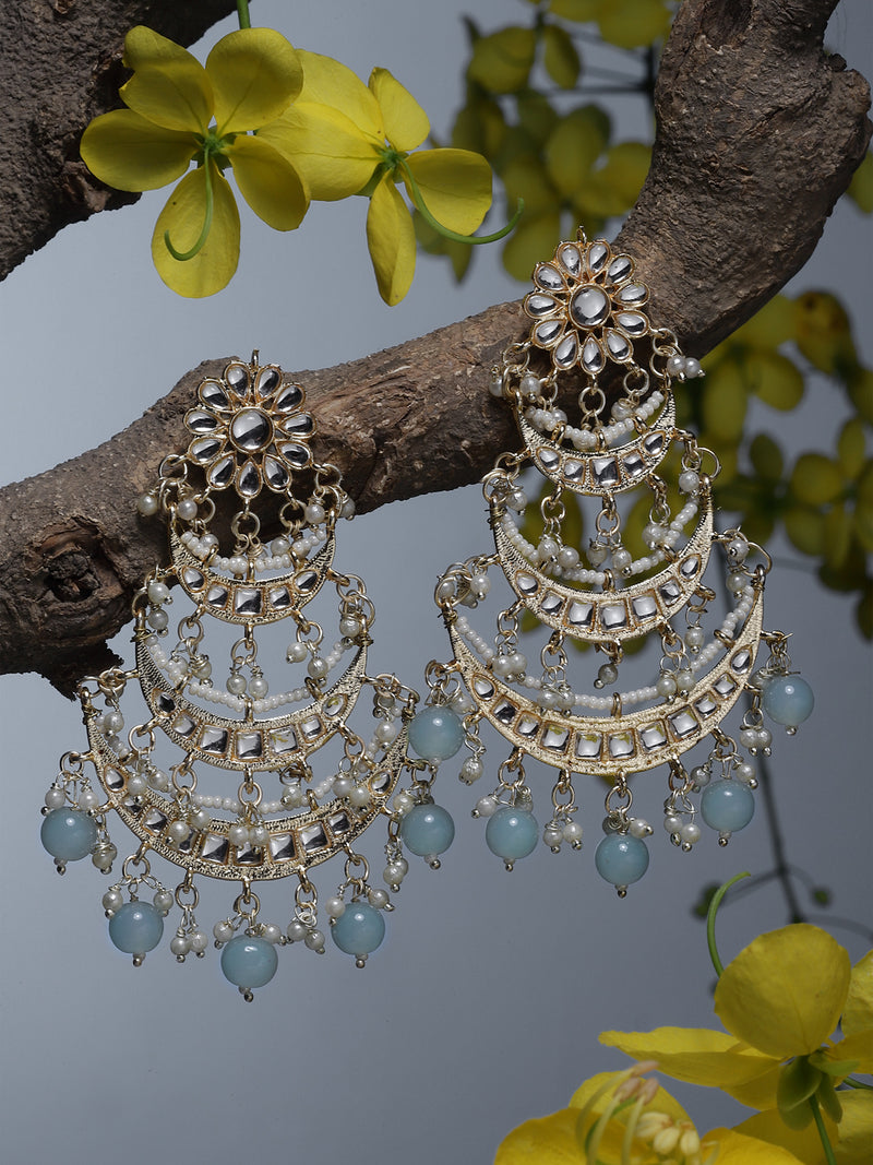 Gold-Plated Sea Green Pearls & Kundan studded Crescent Shaped Vilandi Drop Earrings