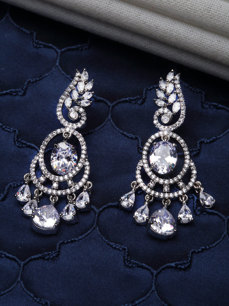 Rhodium-Plated White American Diamond studded Oval & Leaf Shaped Drop Earrings