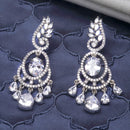 Rhodium Plated Oval White AD Stone Contemporary Long Drop Earrings