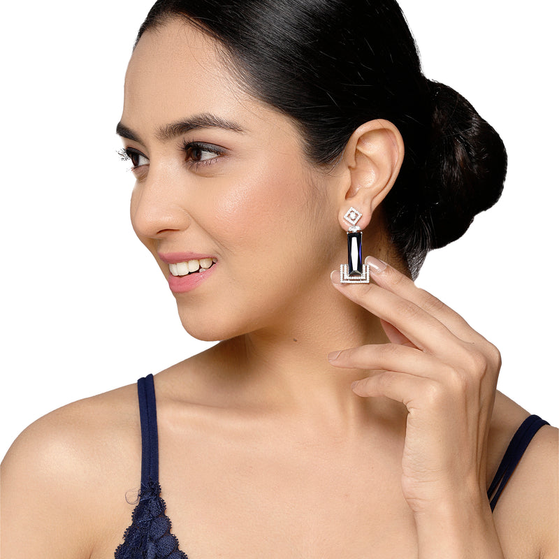 Rhodium-Plated Navy Blue American Diamond studded Rectangular Shaped Drop Earrings