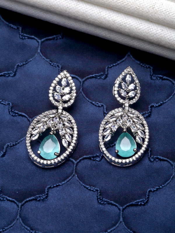 Rhodium-Plated Sea Green & White American Diamond studded Oval Shaped Drop Earrings