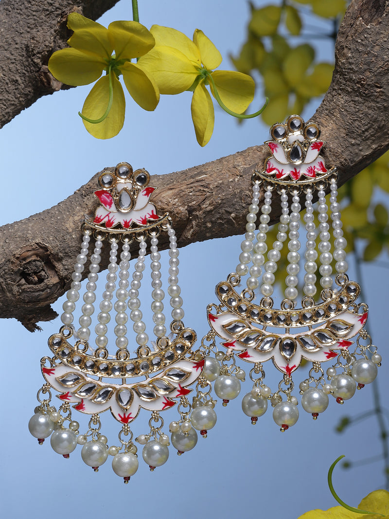 Gold-Plated White Pearls studded & White Enamelled Floral Shaped Drop Earrings