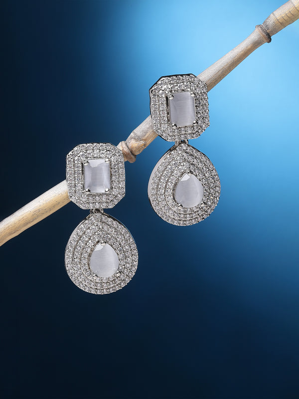 Rhodium-Plated Grey & White American Diamond studded Square & Teardrop Shaped Drop Earrings