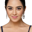 Rhodium-Plated Navy Blue & White American Diamond studded Oval Shaped Drop Earrings