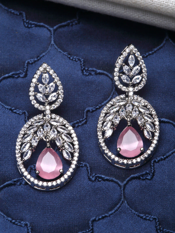 Rhodium-Plated Pink & White American Diamond studded Oval Shaped Drop Earrings